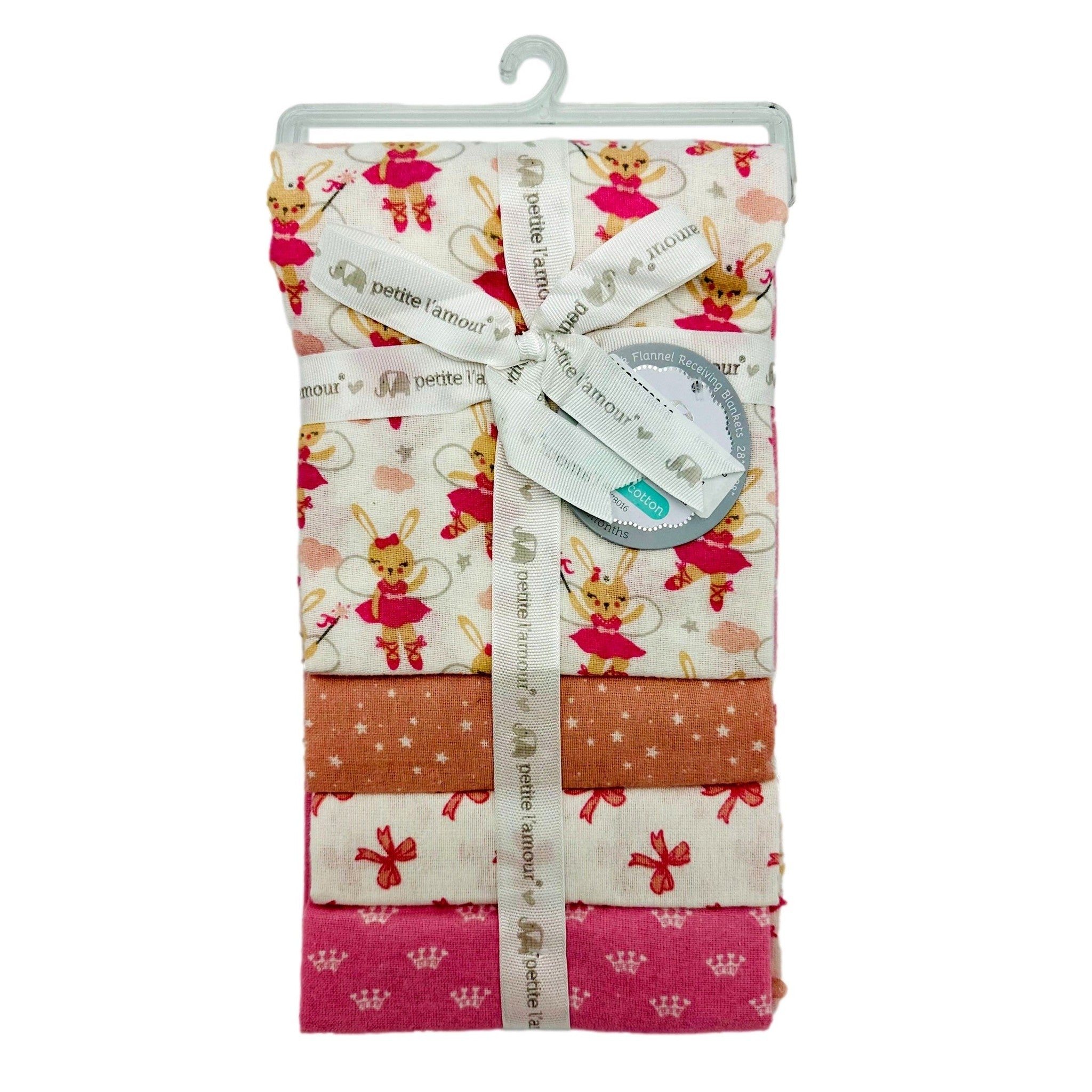 Stack of baby flannel blankets with ballerina bunny print, tied with branded ribbon on a hanger.